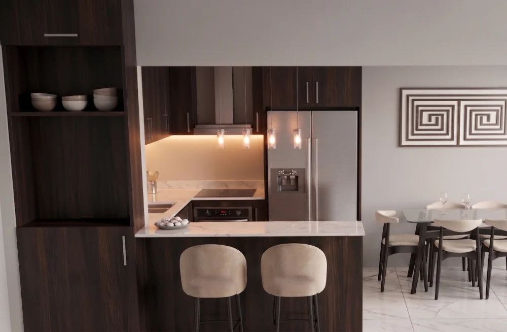 Render de cocina integrada premium en reforma integral de departamento